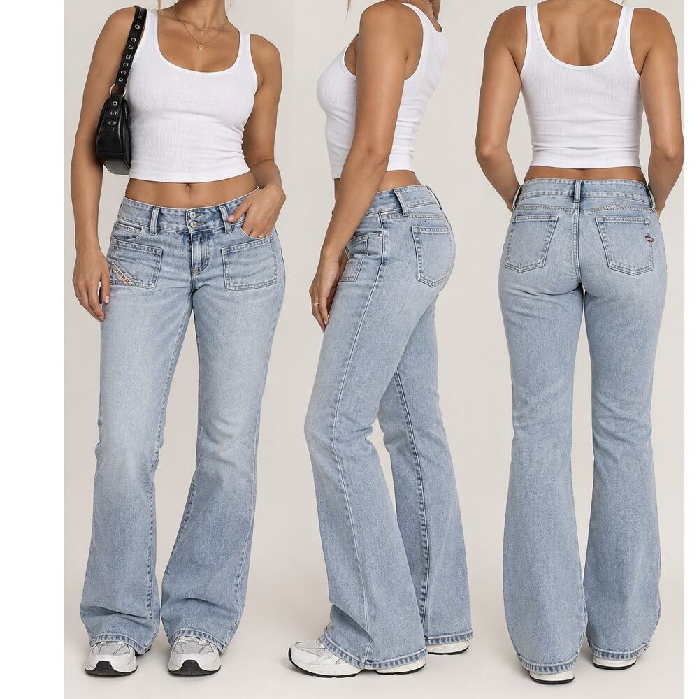Diesel Light Wash Low Rise Flare Jeans Double Button Front Pocket Y2K Denim